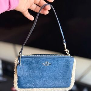 Coach Blue Leather Wristlet with Cream Trim